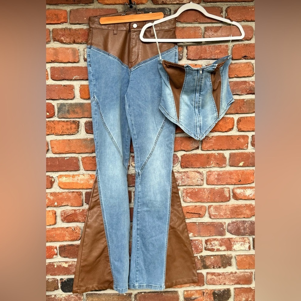 Fashion Nova 2 Pc Flare Jeans Corset Top Stretch Denim Faux Brown Leather M NWT